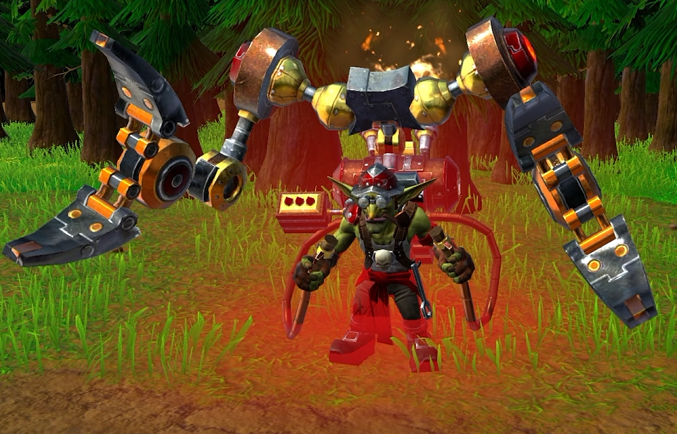 Bricoleur gobelin de Warcraft 3 dans une clairière : un gobelin vert casqué tient deux clés, derrière lui une armure mécanique aux longs bras articulés à lames