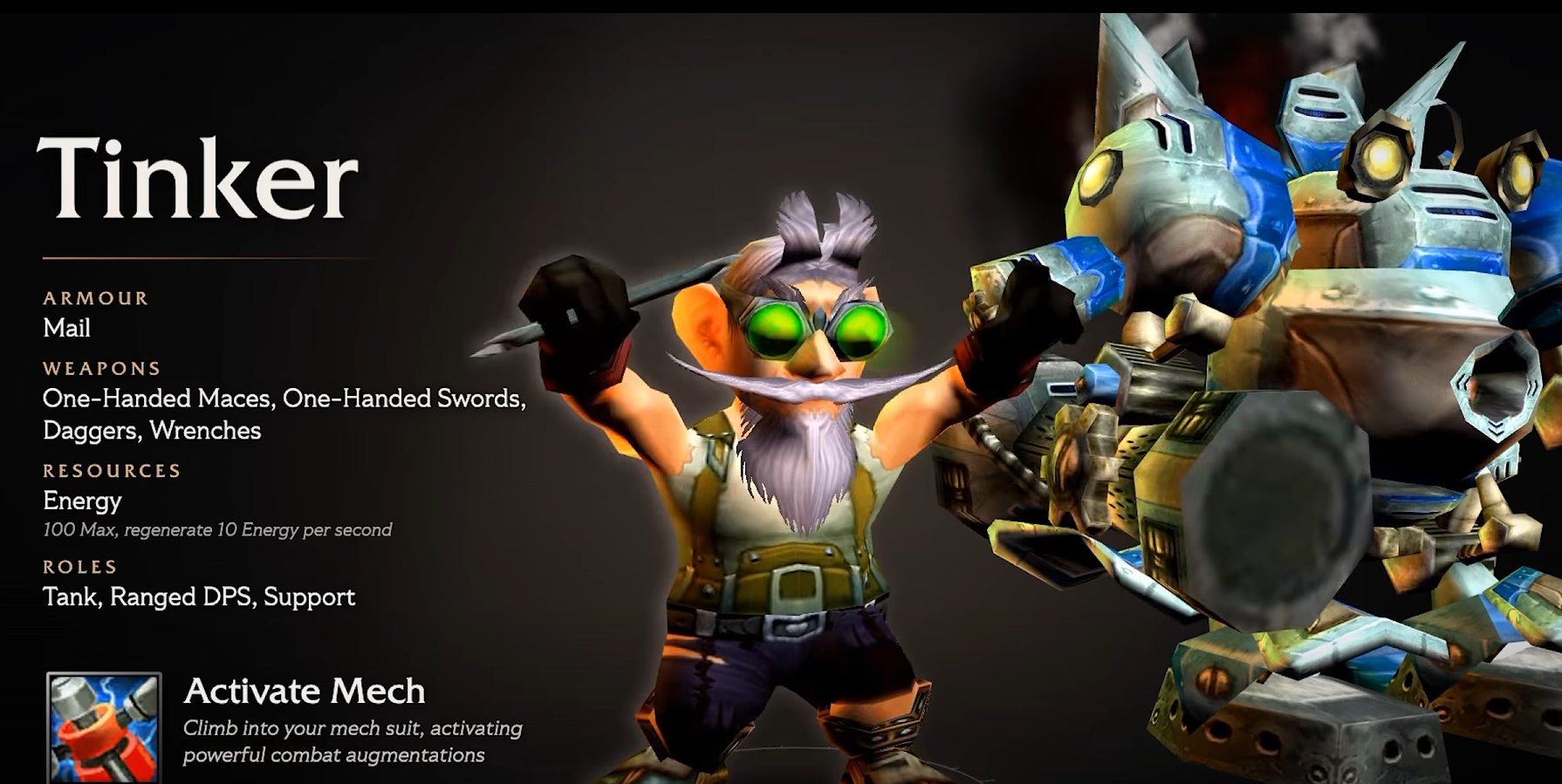 Fiche de vidéo sur fond sombre : le gnome bras levés, une clé à molette au-dessus de la tête, devant une grosse armure mécanique bleue et grise, avec le sort Activer la machine