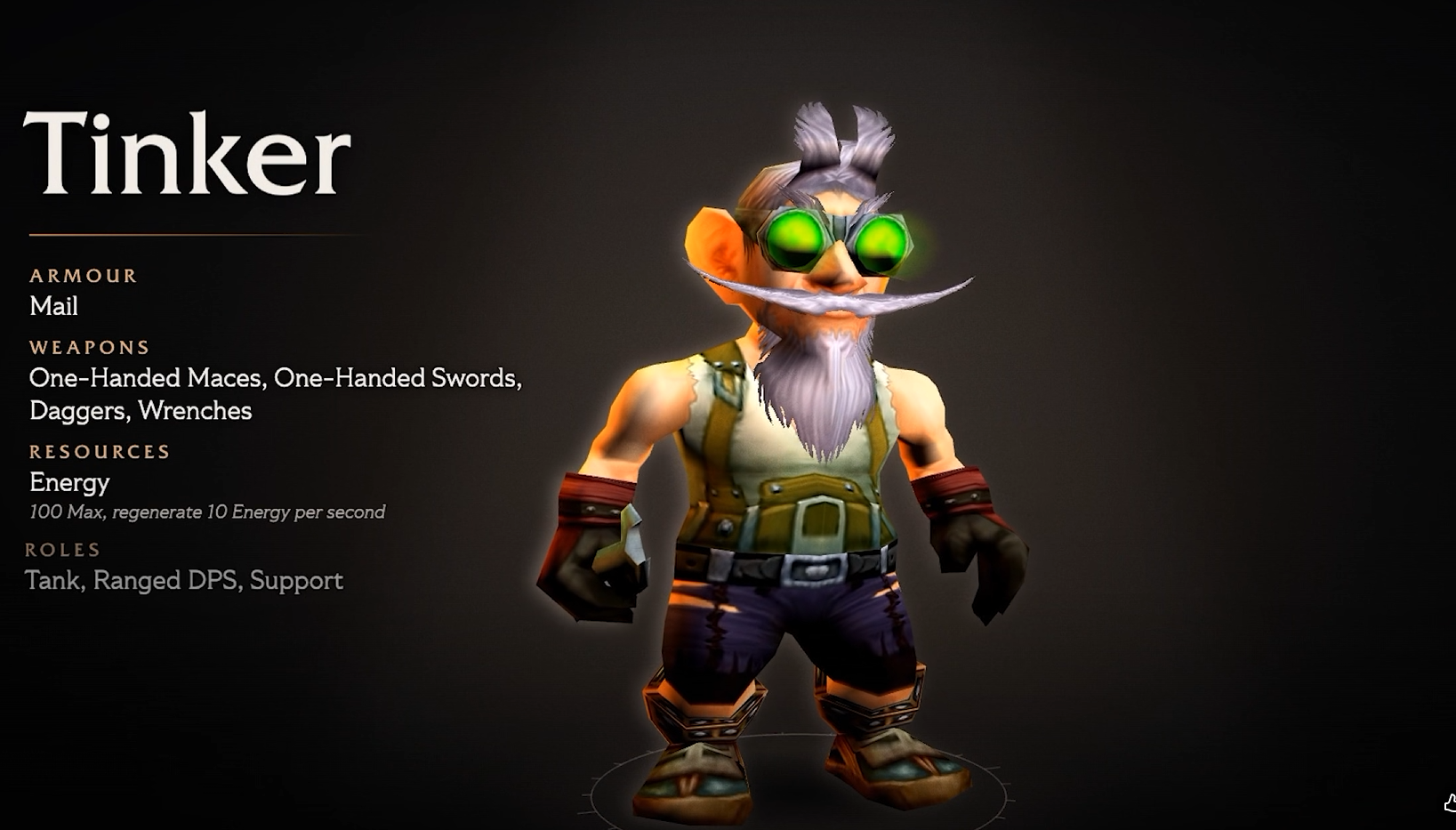 Fiche de vidéo sur fond sombre : un gnome à lunettes vertes et longue moustache, avec à gauche armure, armes, ressource et rôles du Bricoleur