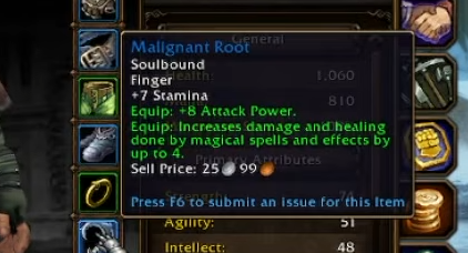 Infobulle de l'anneau Malignant Root en jeu : +7 Endurance, +8 puissance d'attaque et +4 aux sorts.