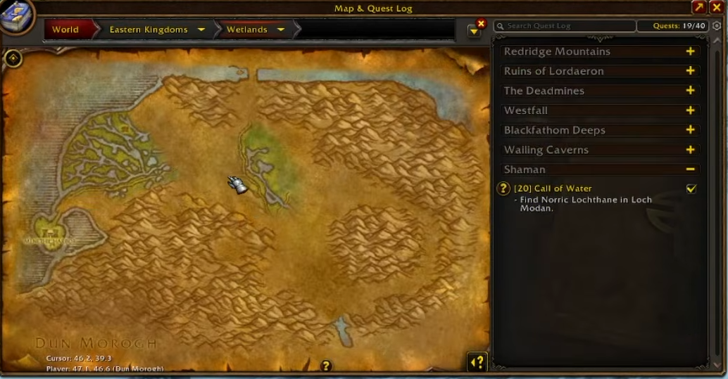 Carte du monde de la bêta WoW Forever ouverte sur les Paluns, journal de quêtes à droite