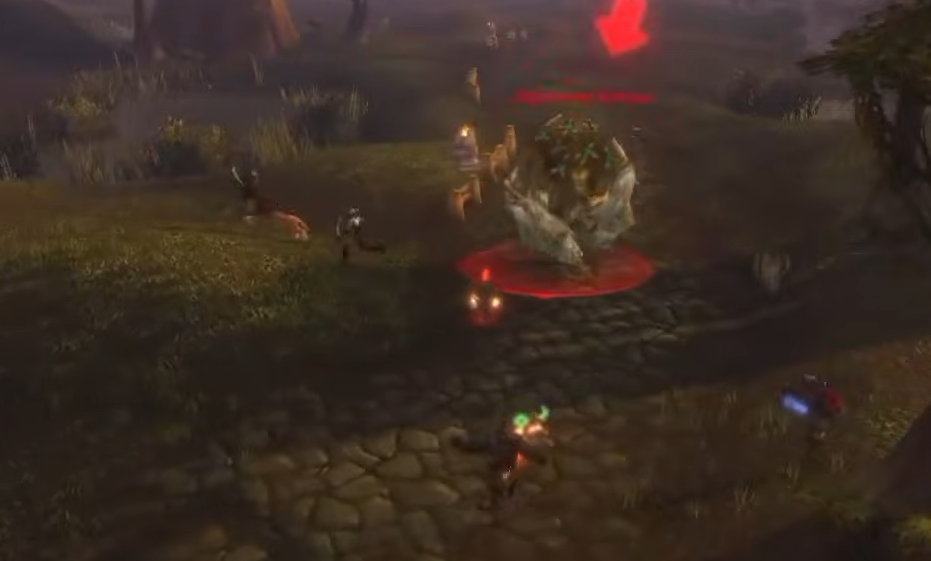 Group of Alliance players around the elite Nightveiled Rotheap, red circle on the ground, in the Wetlands