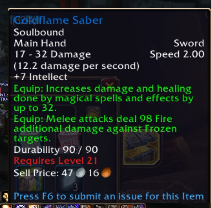 Fenêtre d'objet en jeu montrant les statistiques du Coldflame Saber, une épée avec un effet de feu contre les cibles gelées.