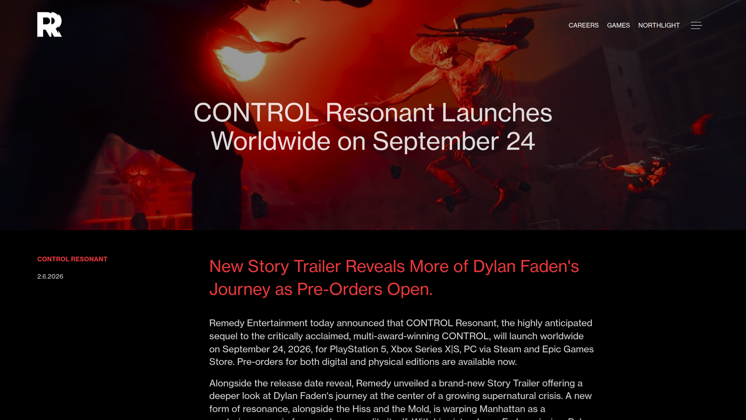 Communiqué officiel de Remedy annonçant la sortie mondiale de Control Resonant le 24 septembre