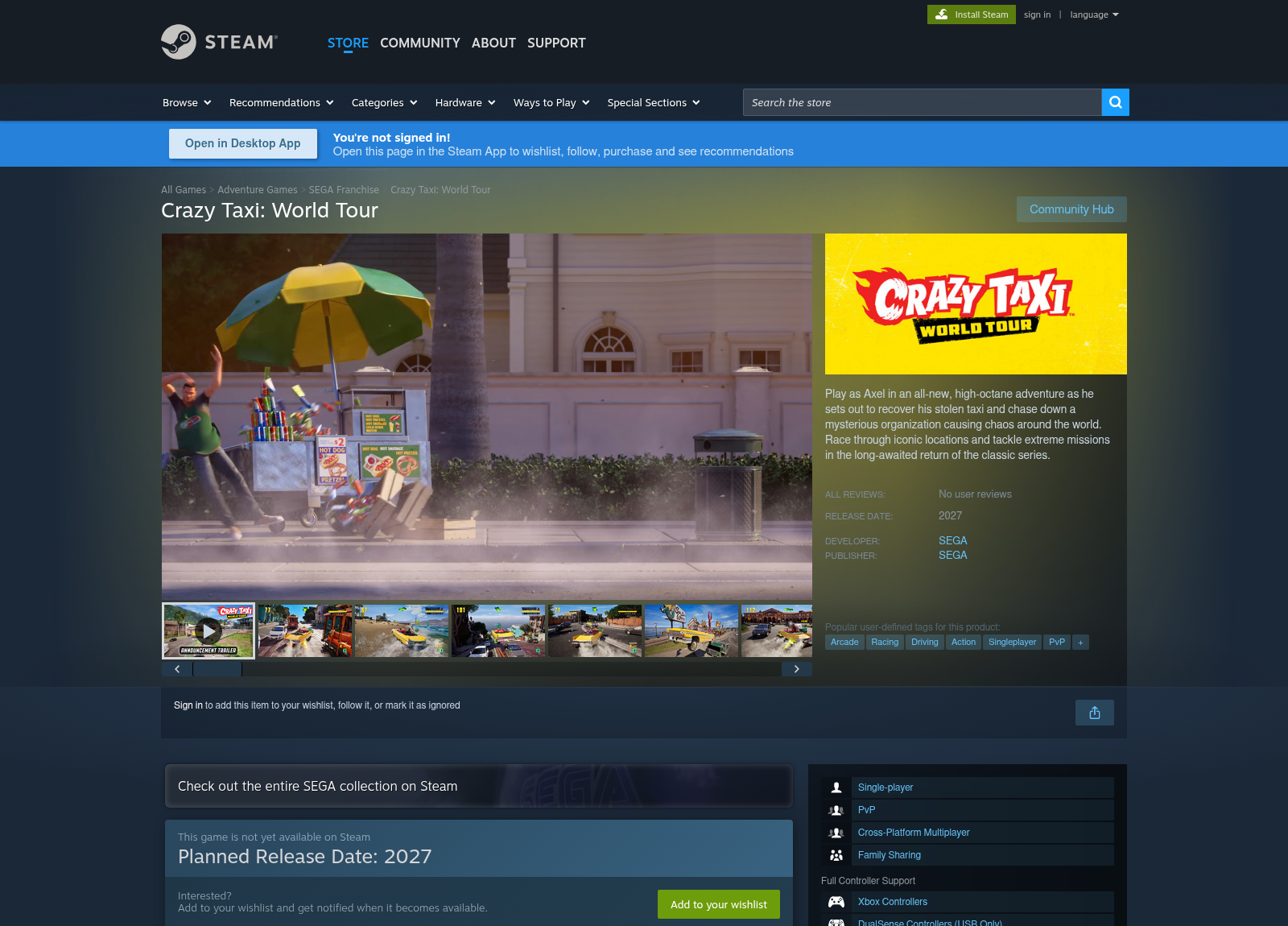 Haut de la fiche du jeu sur Steam, avec la date de sortie prévue en 2027, le studio et l'éditeur SEGA, et deux événements listés : la révélation de la carte Allemagne et le test réseau fermé