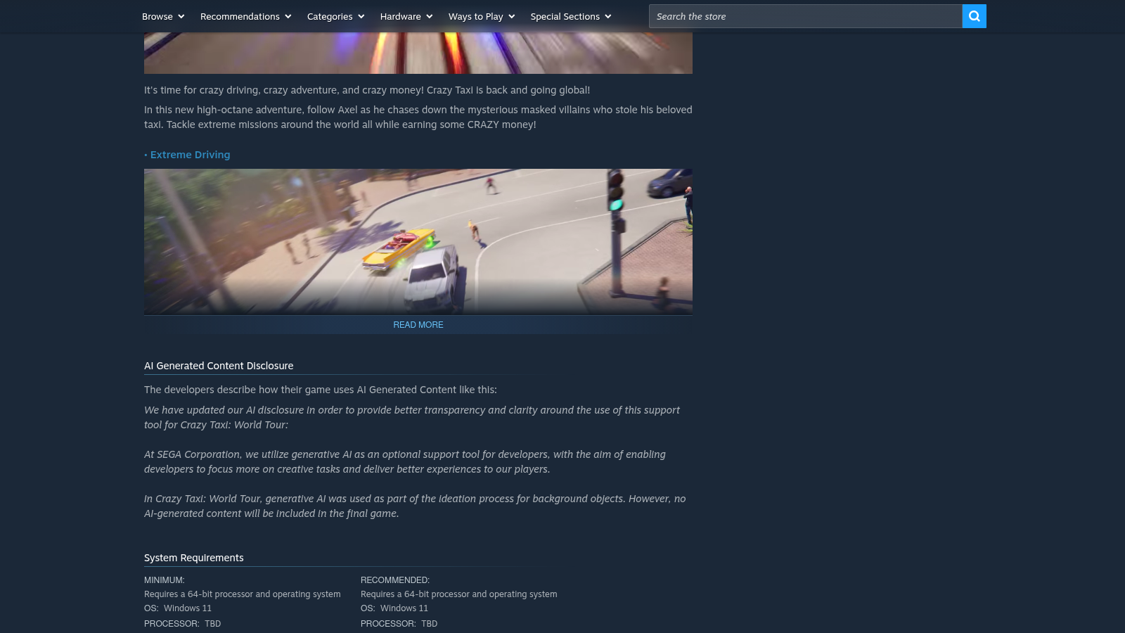 Section « AI Generated Content Disclosure » de la fiche Steam, expliquant en anglais l'usage de l'IA générative pendant le développement du jeu