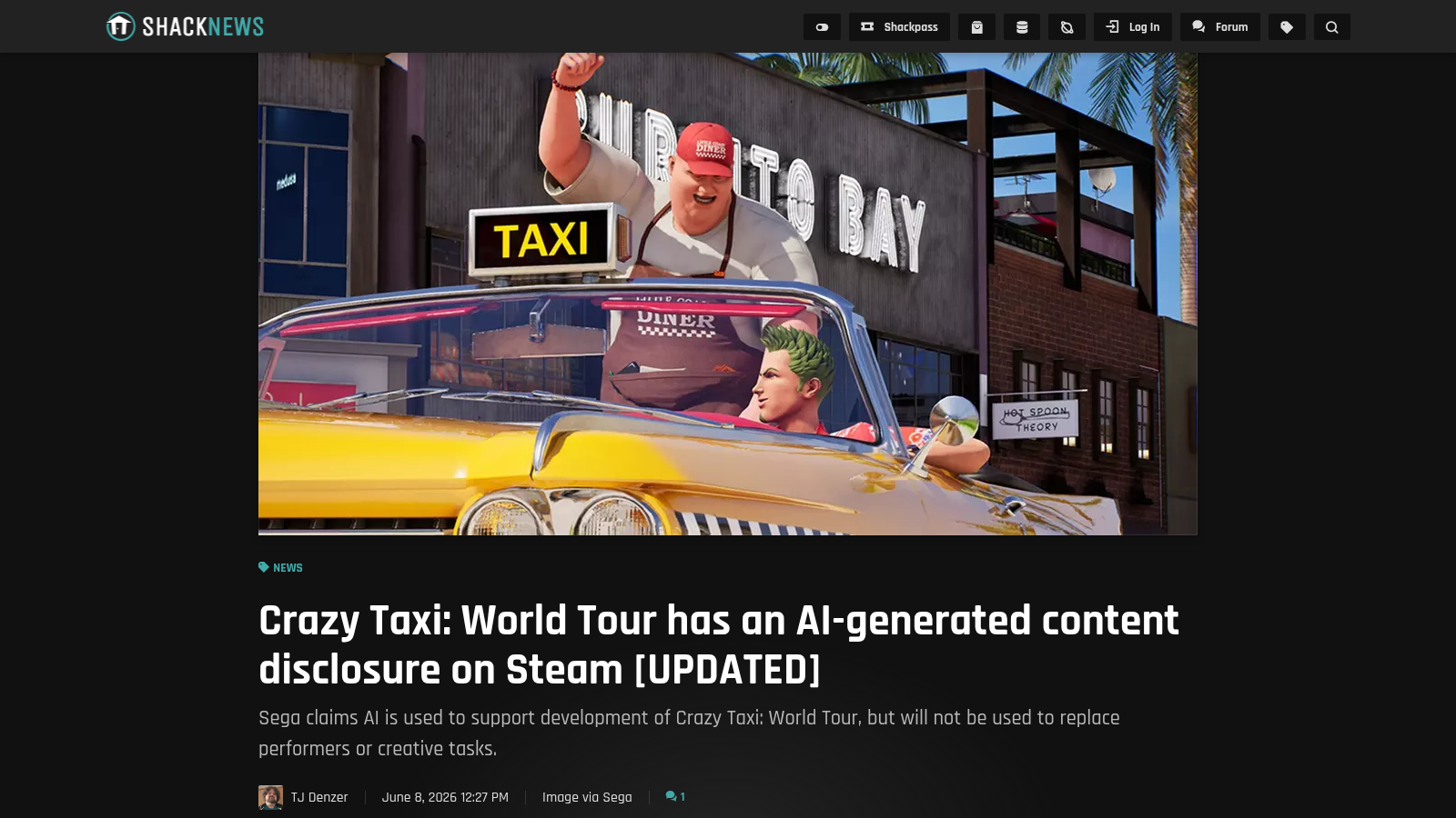Article de Shacknews titré « Crazy Taxi: World Tour has an AI-generated content disclosure on Steam », avec les mentions de mise à jour du 7 et du 8 juin