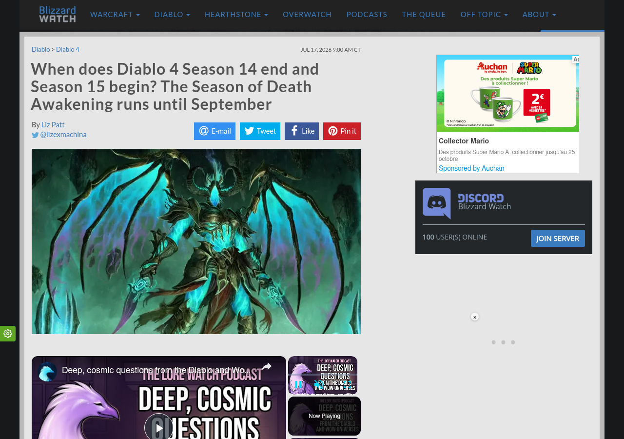 Une de l'article de Blizzard Watch par Liz Patt : When does Diablo 4 Season 14 end and Season 15 begin? The Season of Death Awakening runs until September, avec un visuel de démon ailé
