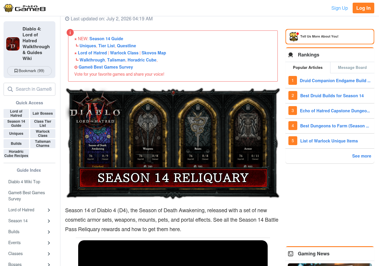 Écran du Reliquaire de la Saison 14 de Diablo 4 montrant quatre Reliquaires : Season of Death Awakening gratuit, Weapons à 200 Platine, Beasts à 500, Armor à 800, avec 76 jours restants