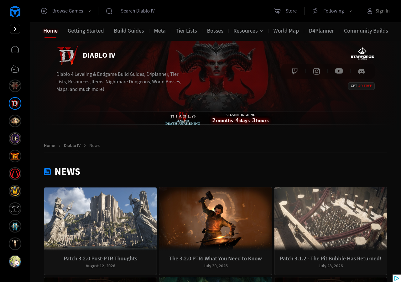 Page News Diablo 4 de Maxroll avec le bandeau Season of Death Awakening, season ongoing, 2 months 4 days 3 hours, et les articles Patch 3.2.0 Post-PTR Thoughts et The 3.2.0 PTR