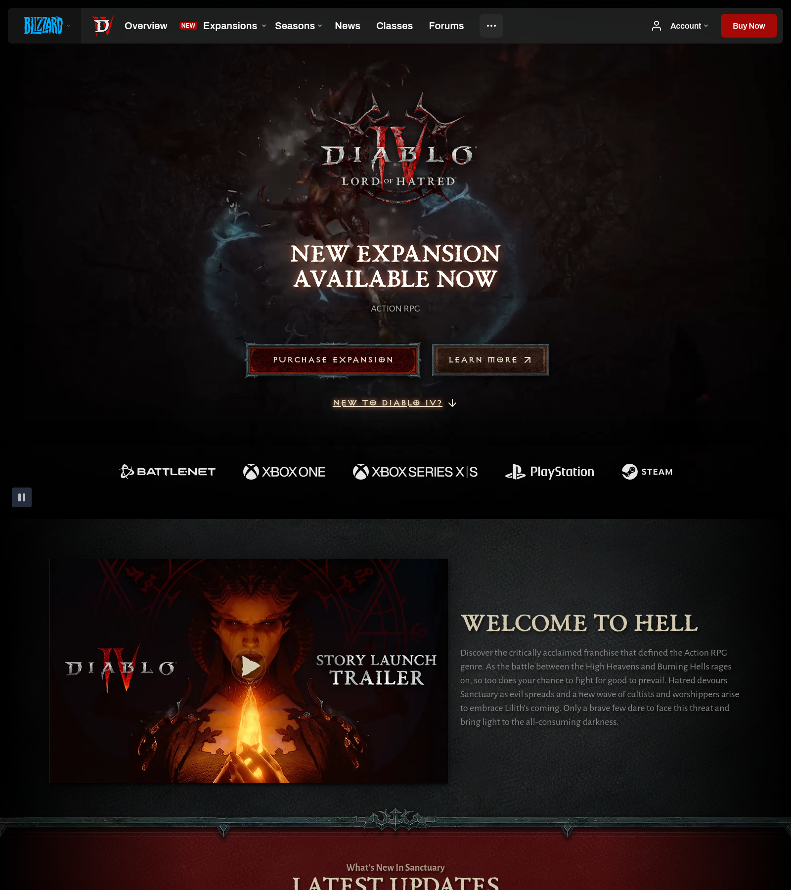 Page d'accueil du site officiel de Diablo IV, avec le key art en tête et les actualités de la BlizzCon datées du 12 septembre.