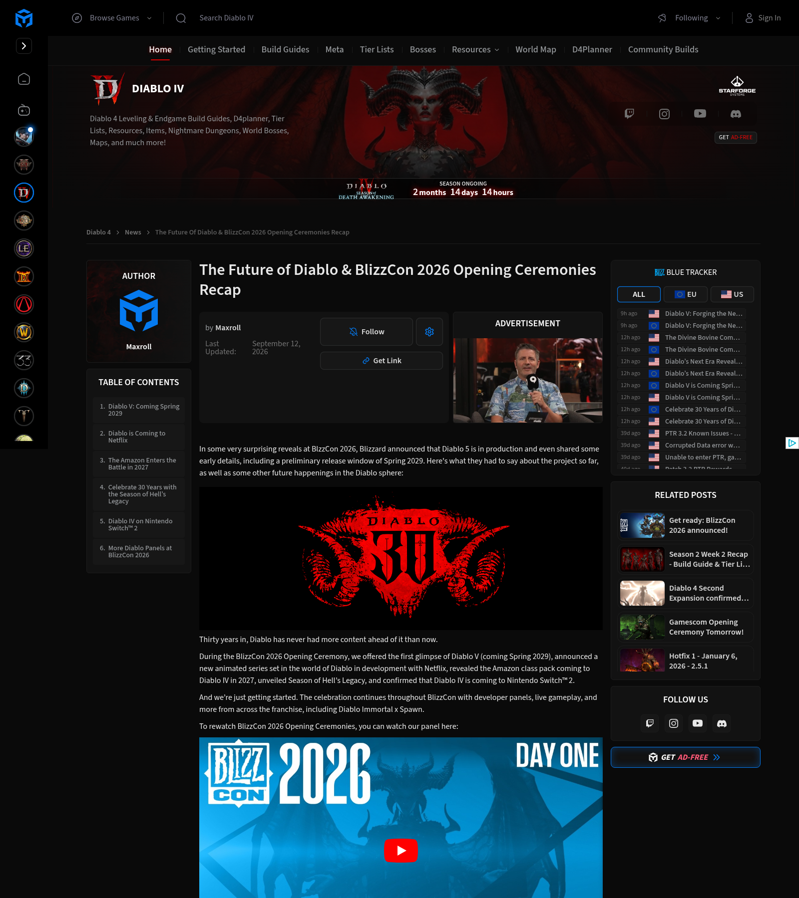 Article Maxroll récapitulant la cérémonie d'ouverture côté Diablo, avec auteur, date, sommaire et la vidéo de la cérémonie intégrée.