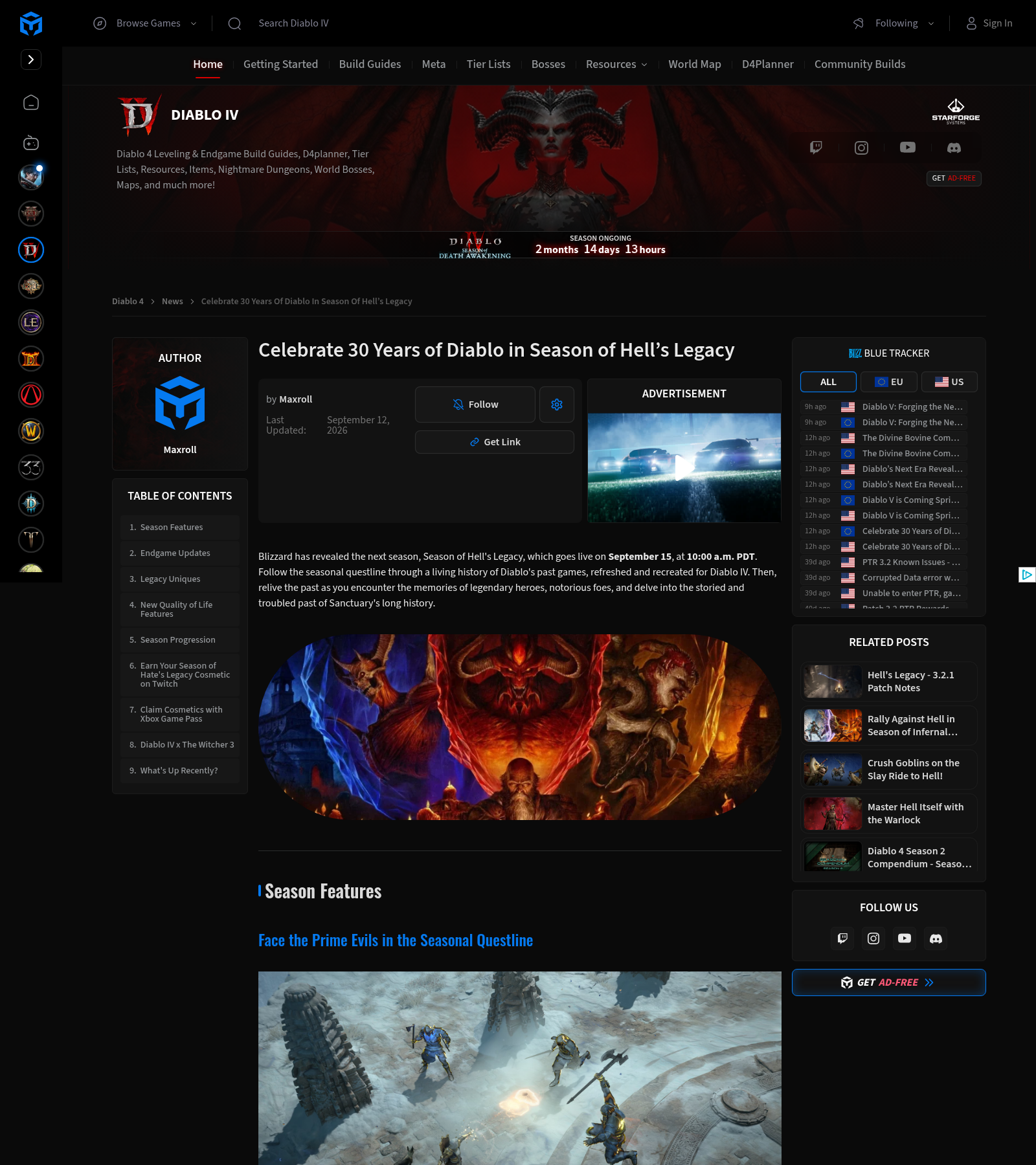 Article Maxroll « Celebrate 30 Years of Diablo in Season of Hell's Legacy » avec son sommaire et ses visuels de la saison.