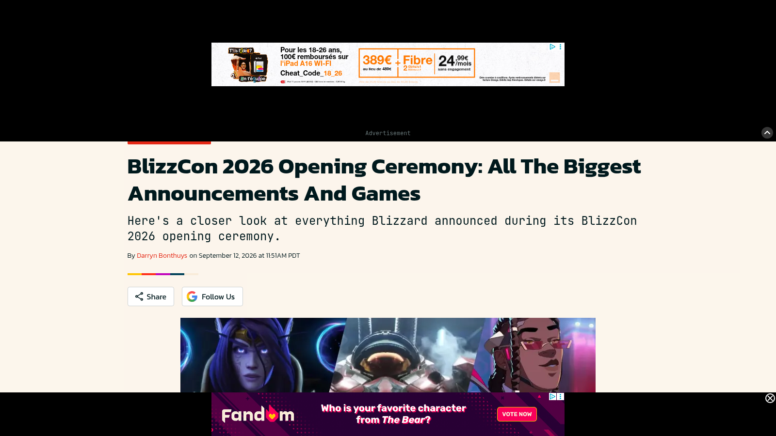 Article GameSpot « BlizzCon 2026 Opening Ceremony: All The Biggest Announcements And Games », par Darryn Bonthuys, 12 septembre 2026.