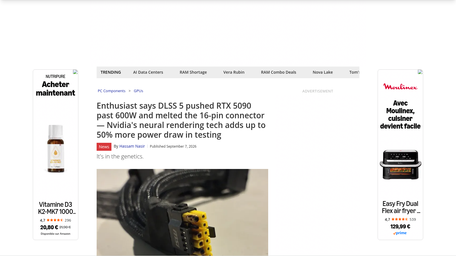 Article de Tom's Hardware signé Hassam Nasir, avec la photo d'un connecteur d'alimentation seize broches MSI aux broches noircies et fondues.