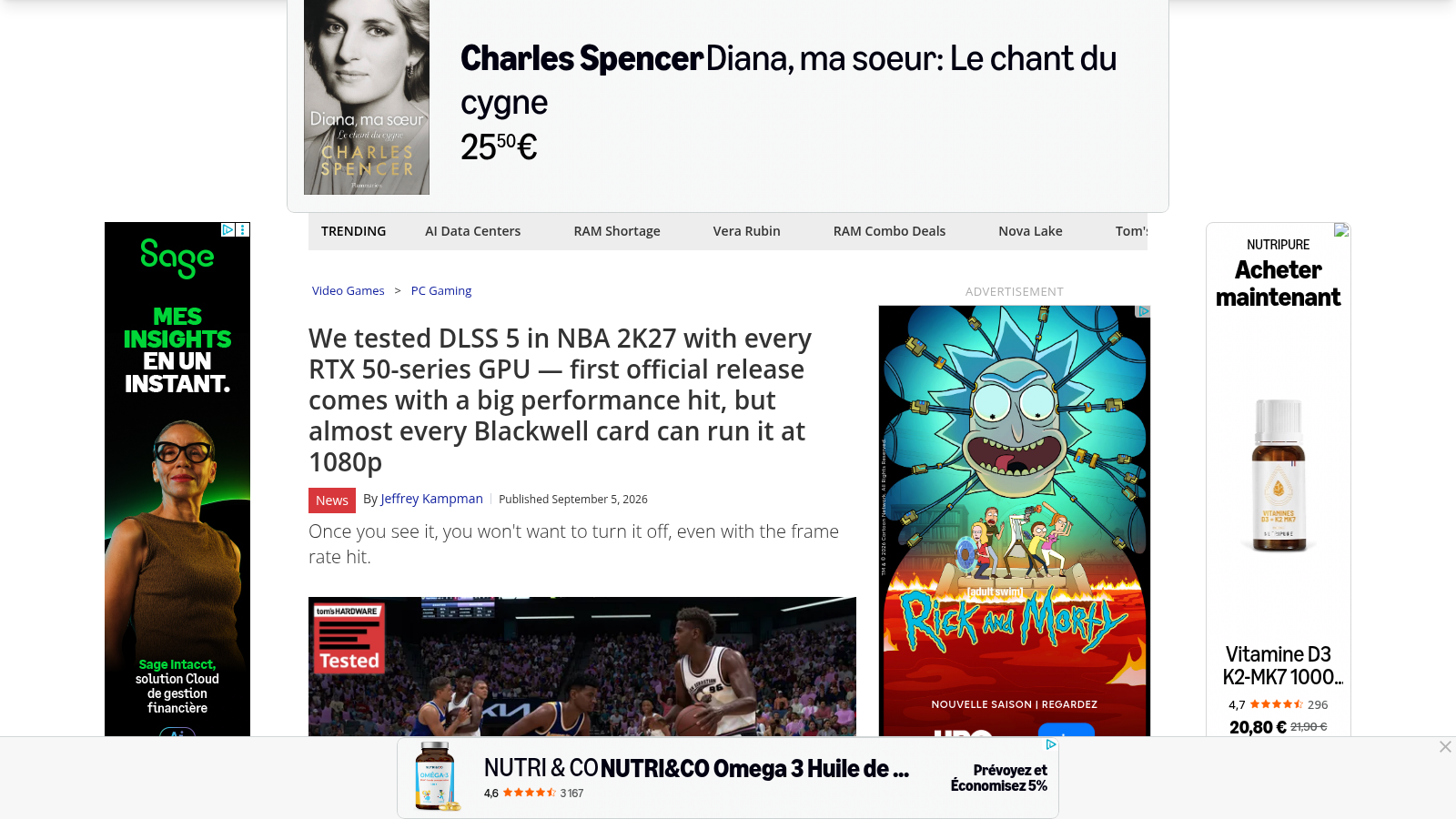 Page d'article en ligne montrant le titre du test de Tom's Hardware sur DLSS 5, réalisé sur l'ensemble des cartes RTX 50 dans NBA 2K27.
