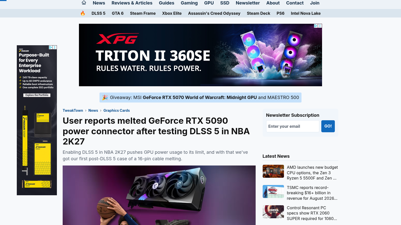 Page d'article en ligne montrant le titre de TweakTown sur un connecteur de GeForce RTX 5090 fondu après un test de DLSS 5 dans NBA 2K27.