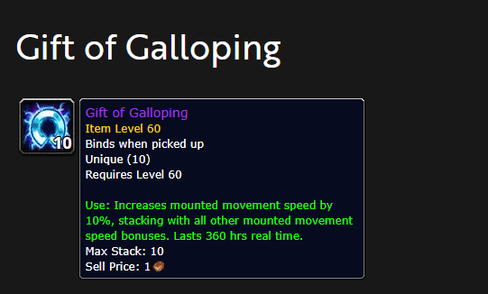 Infobulle du Gift of Galloping : +10 % de vitesse de monture pendant 360 heures en temps réel, niveau 60 requis