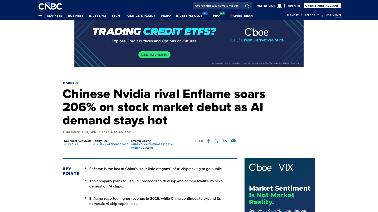 Page de l'article de CNBC sur l'entrée en Bourse d'Enflame, avec ses trois signataires, publié le 10 septembre 2026
