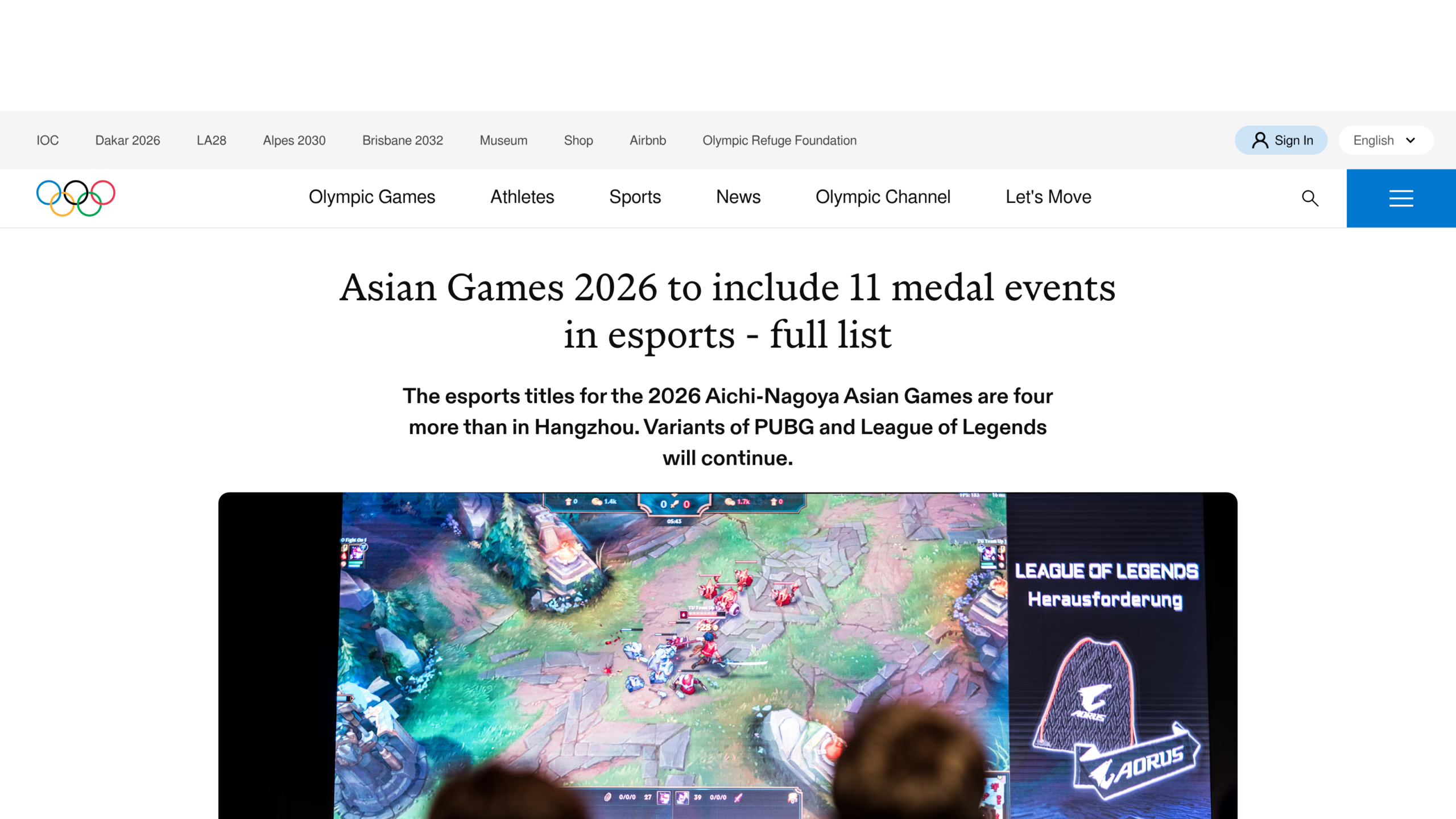 Page du site olympique listant les onze épreuves esport à médailles des Jeux asiatiques 2026