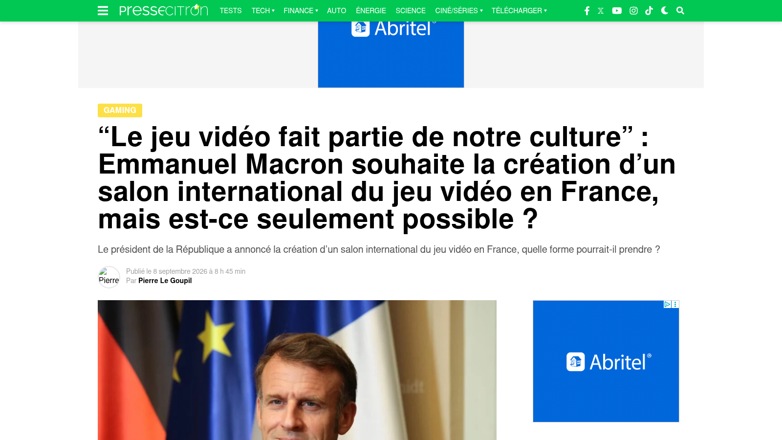 Article de Presse-citron sur le projet de salon international du jeu vidéo annoncé par Emmanuel Macron.