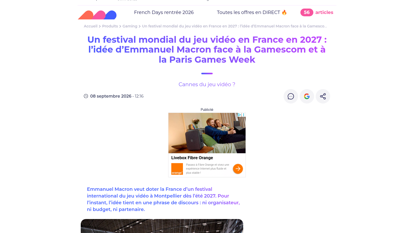 Article de Frandroid comparant le futur festival à la Gamescom et à la Paris Games Week.