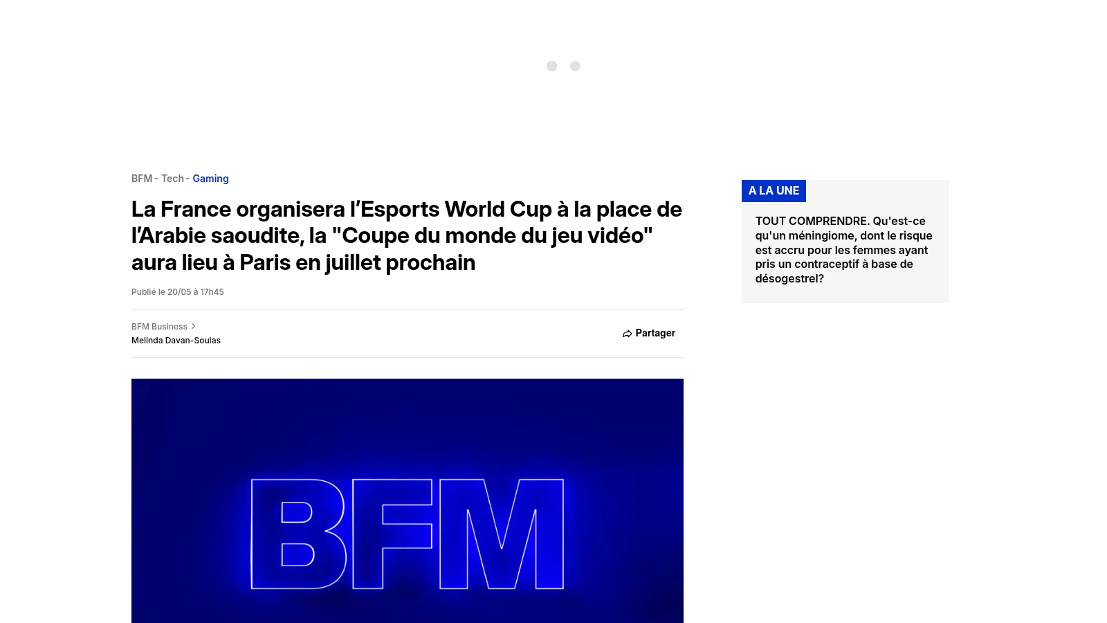 Article de BFM Tech sur l'attribution de l'Esports World Cup à Paris à la place de l'Arabie saoudite.