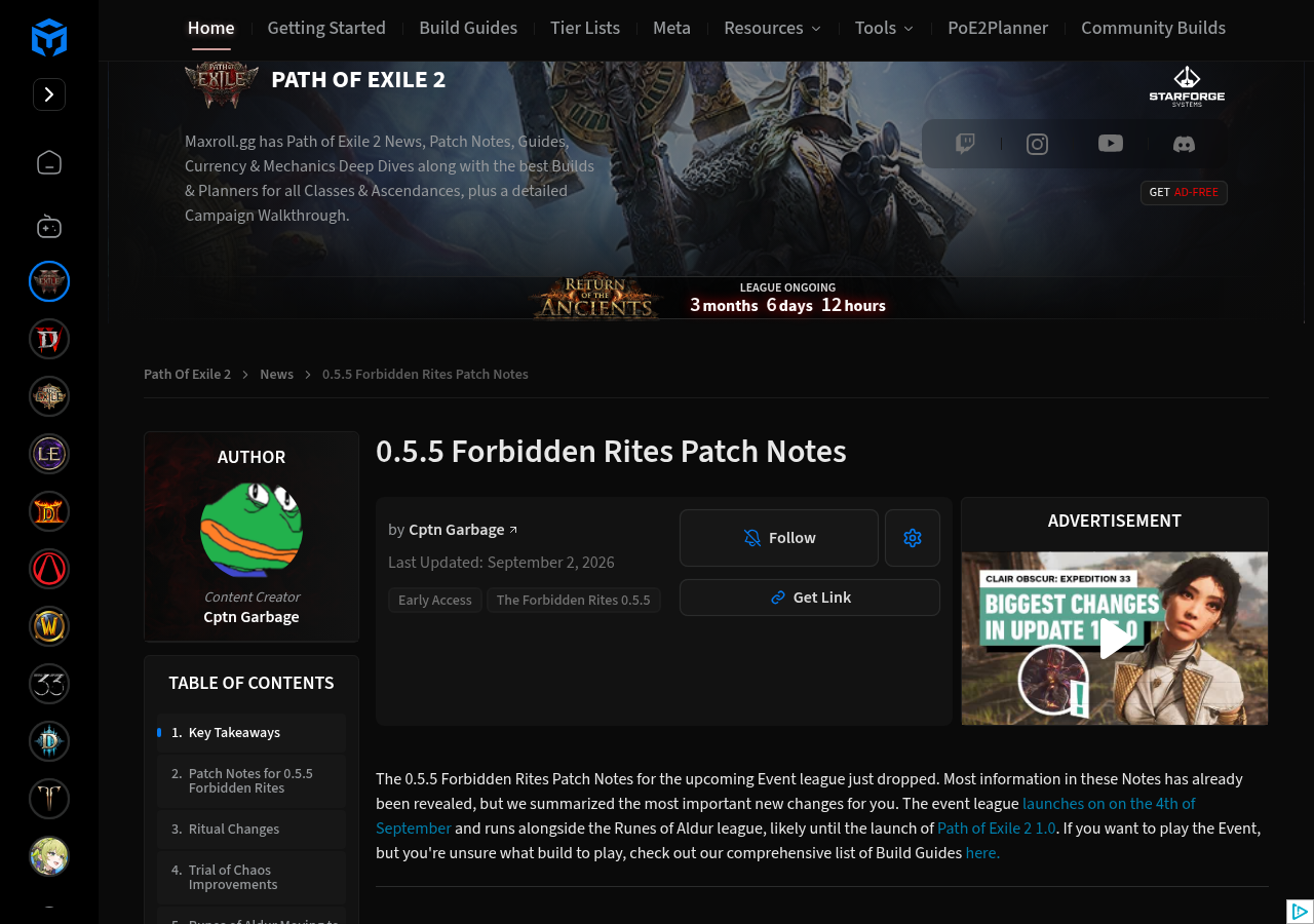 Page Maxroll des notes de patch 0.5.5 Forbidden Rites par Cptn Garbage, avec le sommaire Ritual Changes, Trial of Chaos Improvements et Runes of Aldur Moving to Core