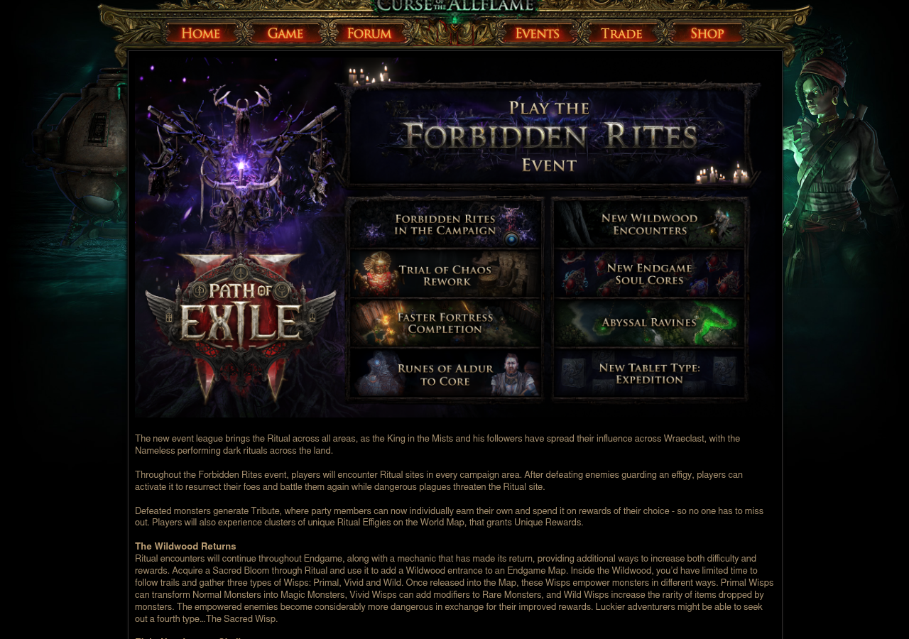 Communiqué officiel de Grinding Gear Games sur le forum pathofexile.com avec le visuel Play the Forbidden Rites Event et ses huit blocs, dont Forbidden Rites in the Campaign et Trial of Chaos Rework