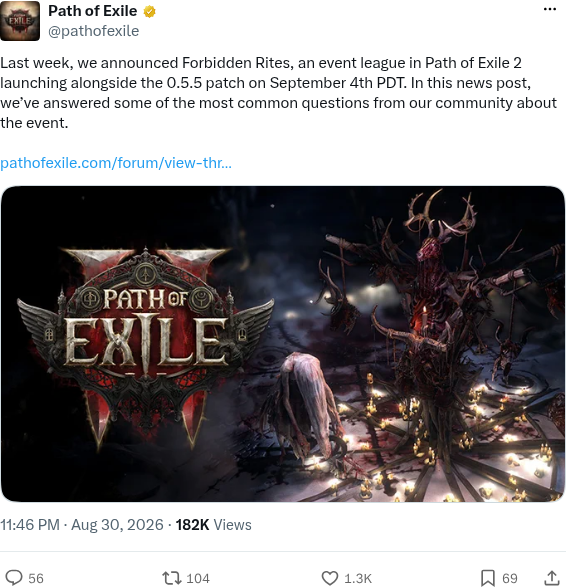 Message du compte officiel Path of Exile sur X du 30 août 2026 annonçant la FAQ Forbidden Rites, avec un visuel d'autel de rituel entouré de bougies