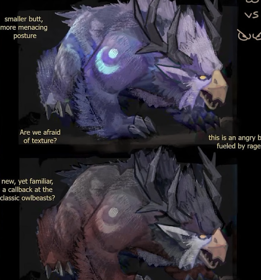 Concept de fan pour la forme d'ours du druide elfe de la nuit dans WoW Forever, inspiré des chouettards, avec deux variantes de couleur et des annotations