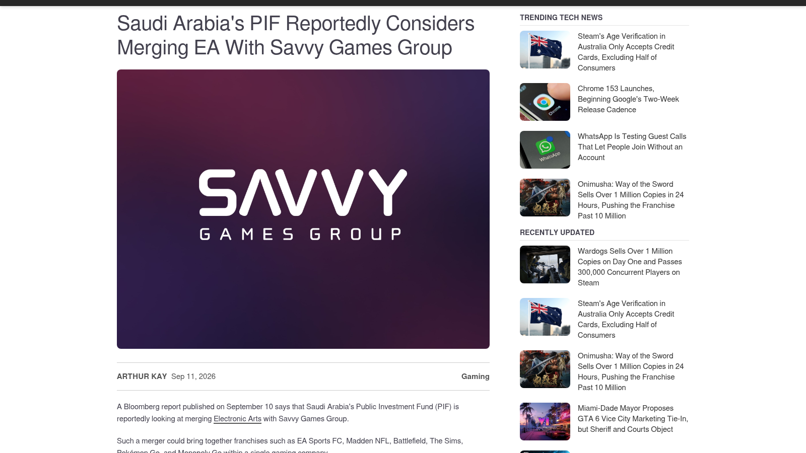 Article de gHacks avec le logo blanc de Savvy Games Group sur fond dégradé violet, sous le titre annonçant l'étude d'une fusion avec EA.