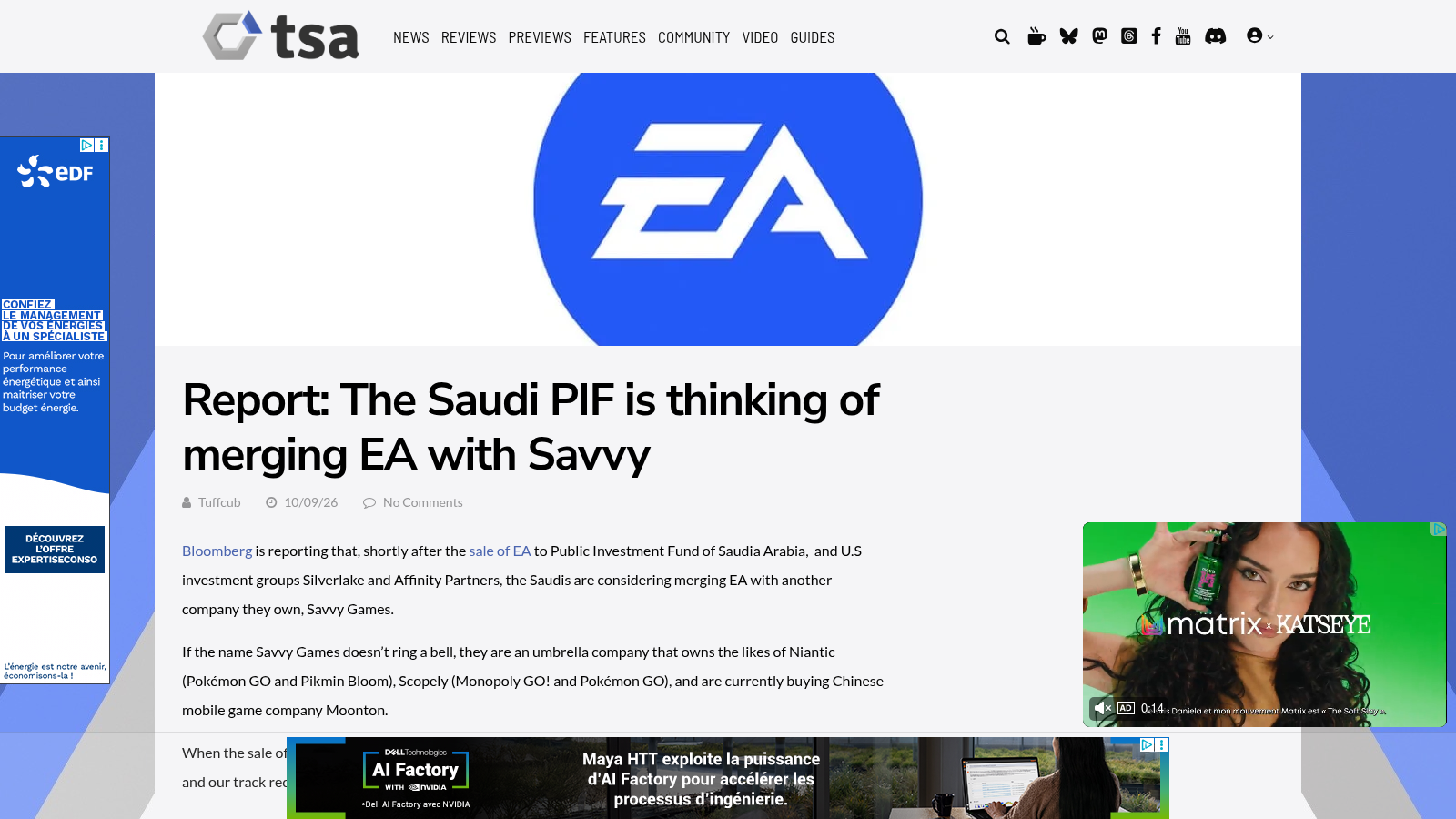 Article de TheSixthAxis avec le logo bleu d'Electronic Arts, sous le titre du rapport sur un projet de fusion entre le PIF et Savvy.
