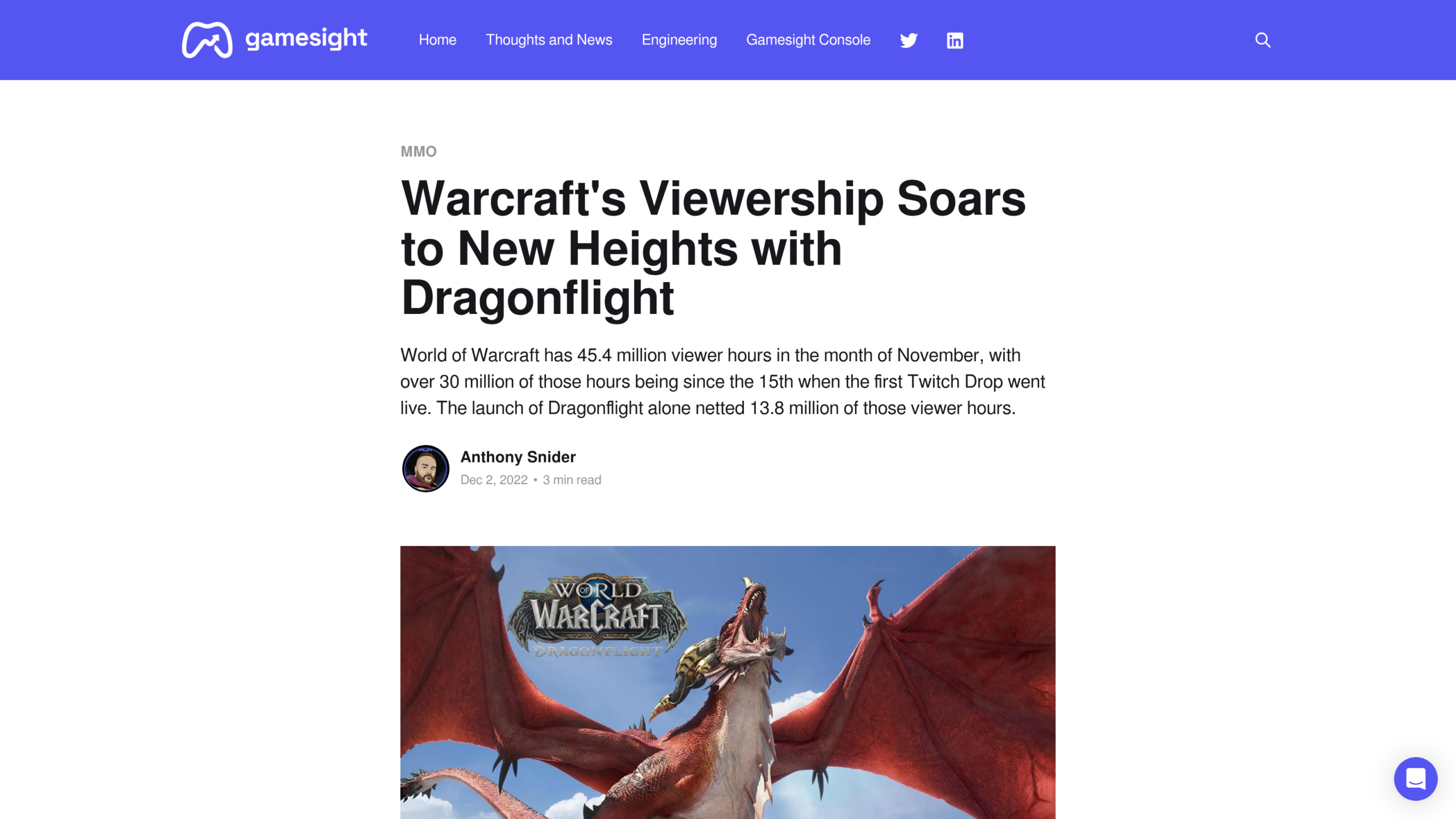 Article du blog Gamesight d'Anthony Snider, 2 décembre 2022, sur l'audience de World of Warcraft au lancement de Dragonflight