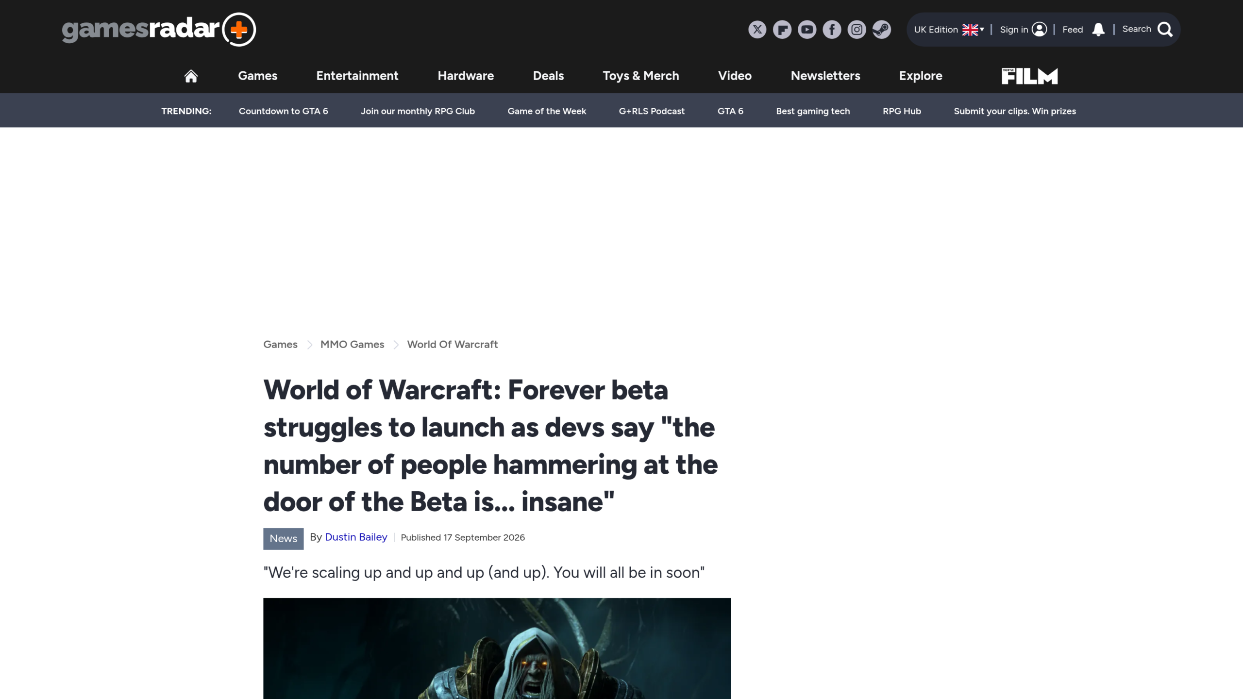 Article GamesRadar+ de Dustin Bailey, 17 septembre 2026, sur la bêta de World of Warcraft Forever qui peine à démarrer