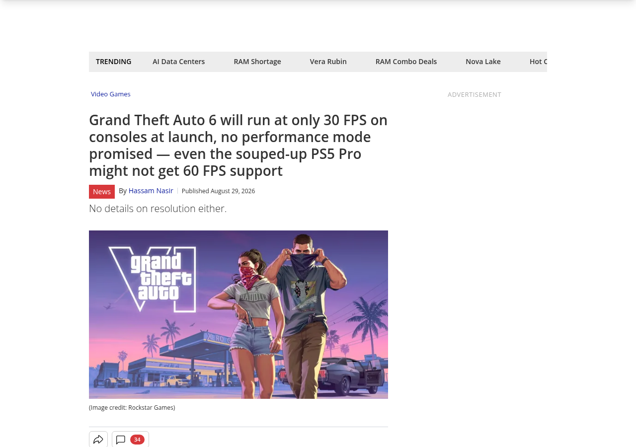 Une de l'article de Tom's Hardware par Hassam Nasir sur le 30 FPS de GTA 6 et la PS5 Pro, avec le visuel Rockstar de Lucia et Jason masqués devant une station-service