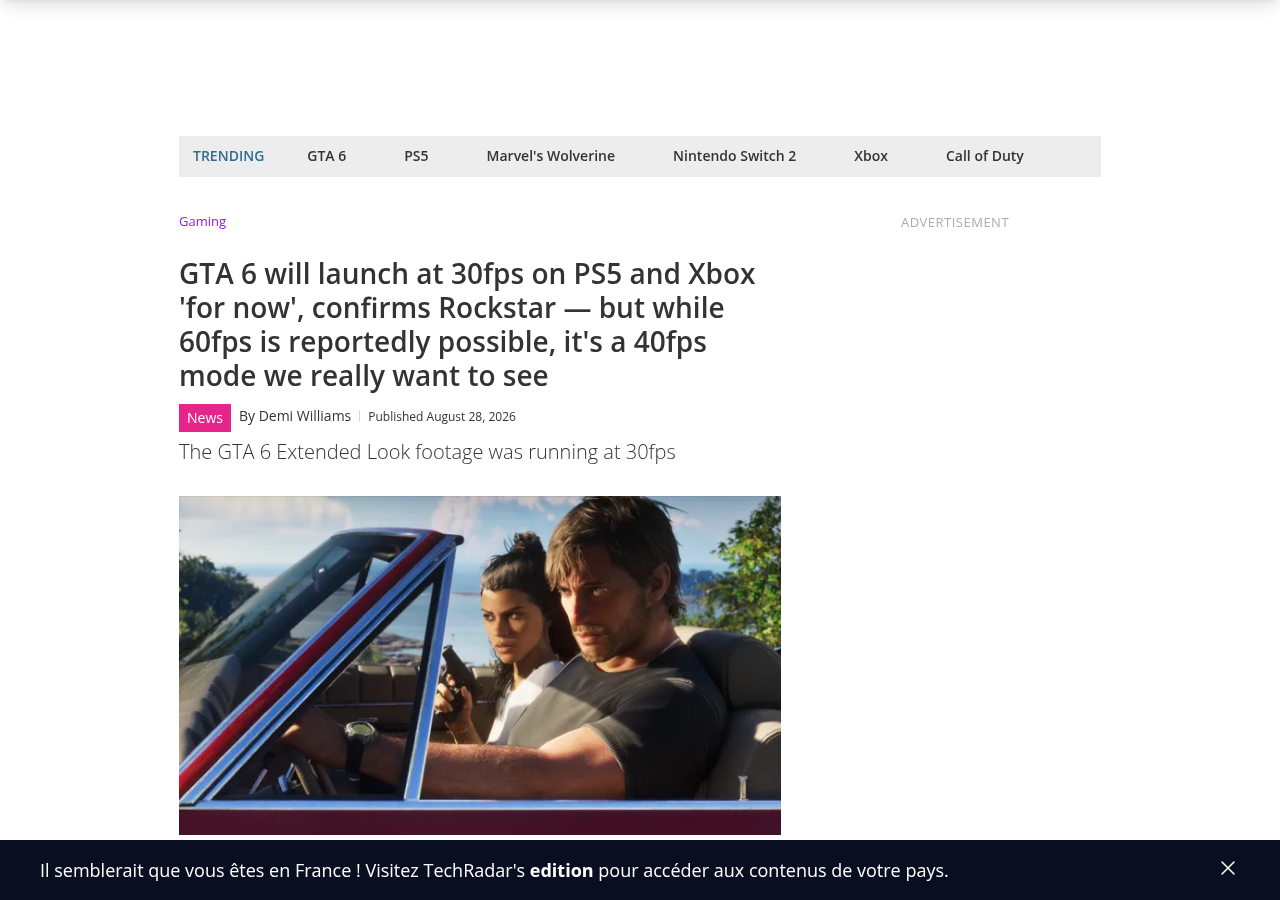 Une de l'article de TechRadar par Demi Williams sur le 30 fps de GTA 6, avec Lucia et Jason en voiture décapotable