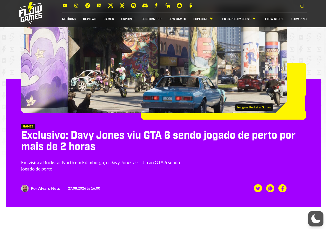 Une de l'article de Flow Games par Alvaro Neto : Exclusivo, Davy Jones viu GTA 6 sendo jogado de perto por mais de 2 horas, avec une capture d'une rue de Vice City