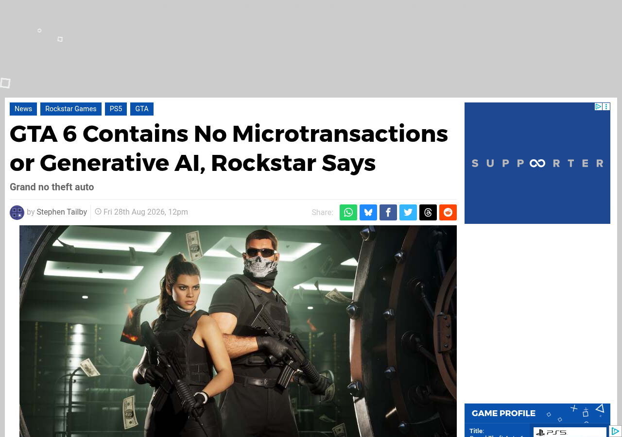 Une de l'article de Push Square par Stephen Tailby : GTA 6 Contains No Microtransactions or Generative AI, Rockstar Says, avec Lucia et Jason masqués dans une salle des coffres