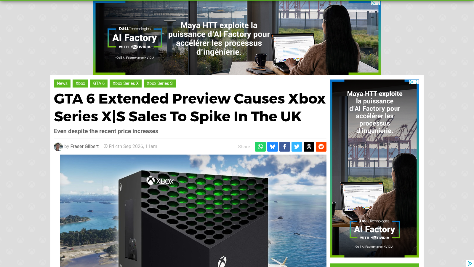 Article de Pure Xbox annonçant la hausse des ventes de Xbox Series X|S au Royaume-Uni après l'Extended Look de GTA 6.