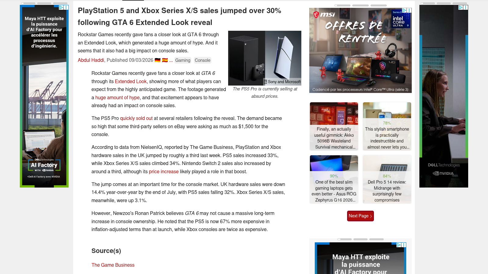 Article de Notebookcheck avec les chiffres de ventes NielsenIQ pour la PS5 et la Xbox Series, et la citation de l'analyste de Newzoo Ronan Patrick sur le prix des consoles.