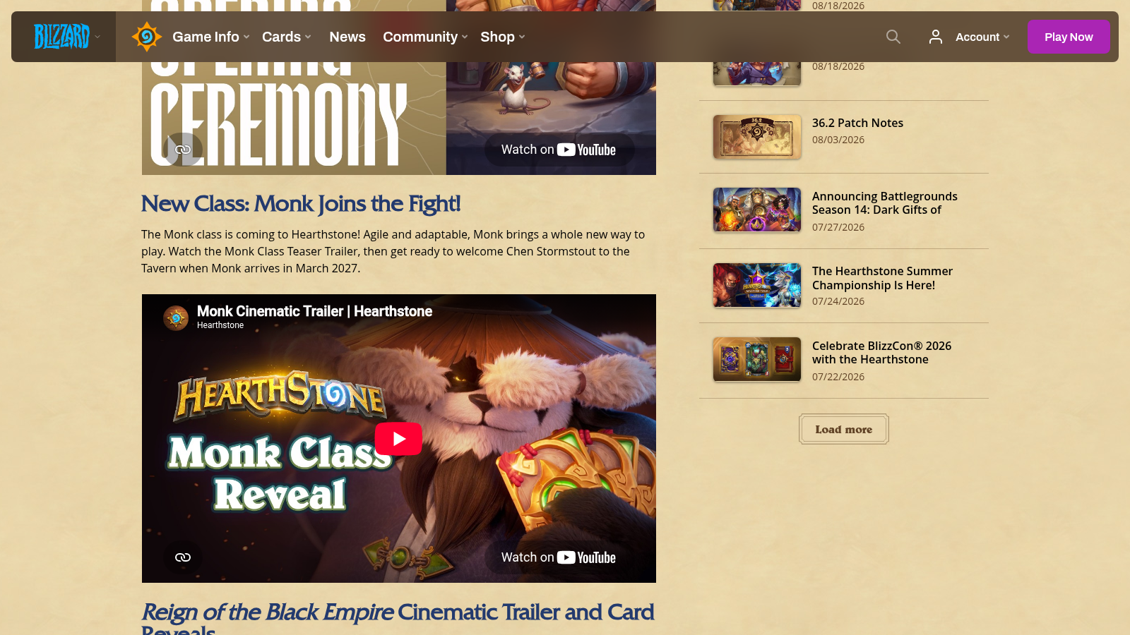 Bloc « New Class: Monk Joins the Fight! » de la page Hearthstone, avec la vignette de la vidéo Monk Class Reveal montrant Chen Stormstout.
