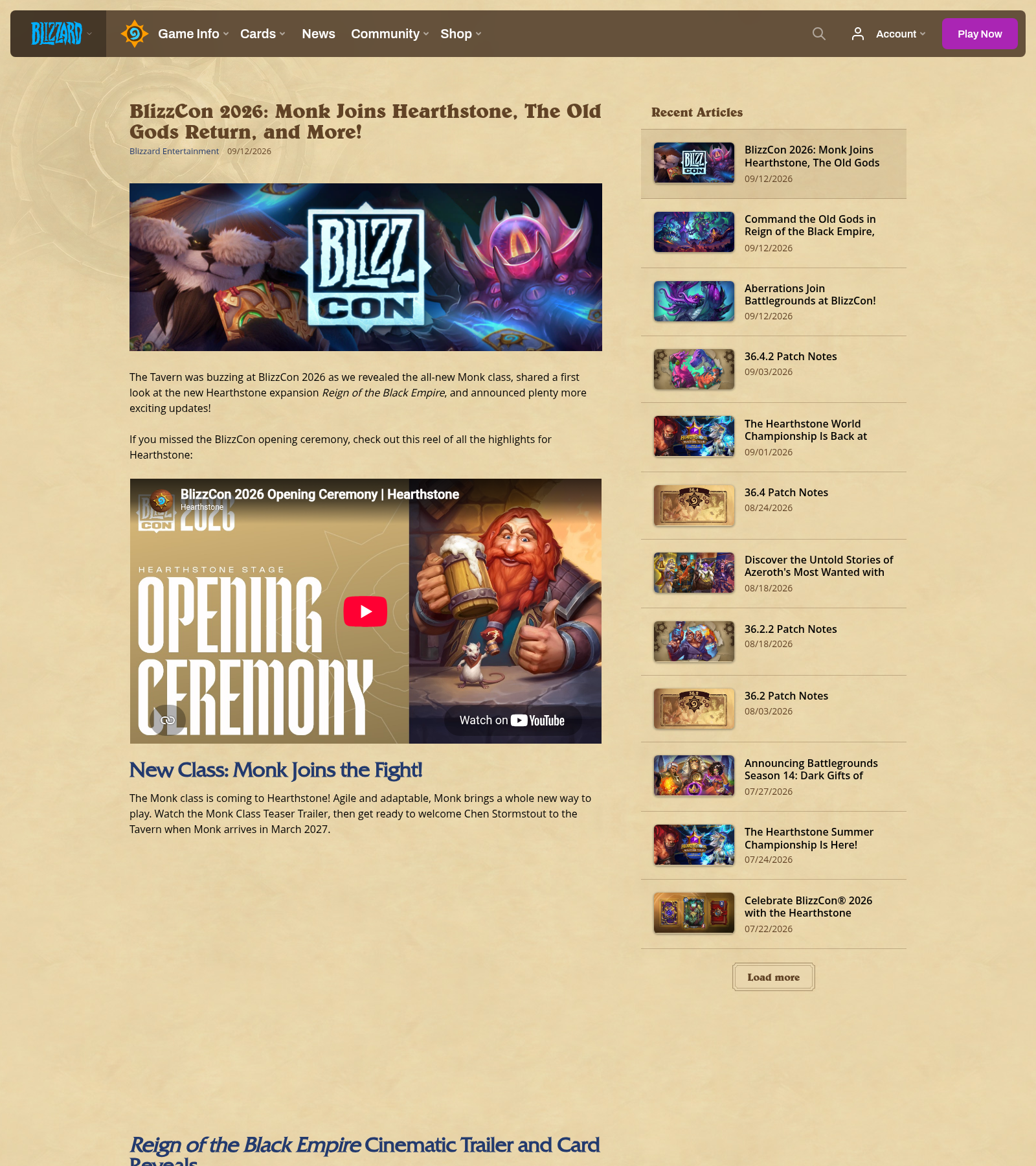 Page officielle Hearthstone « BlizzCon 2026: Monk Joins Hearthstone, The Old Gods Return, and More! » avec le key art de Reign of the Black Empire, le Journal remanié, le Marché noir, les Aberrations et la roadmap.