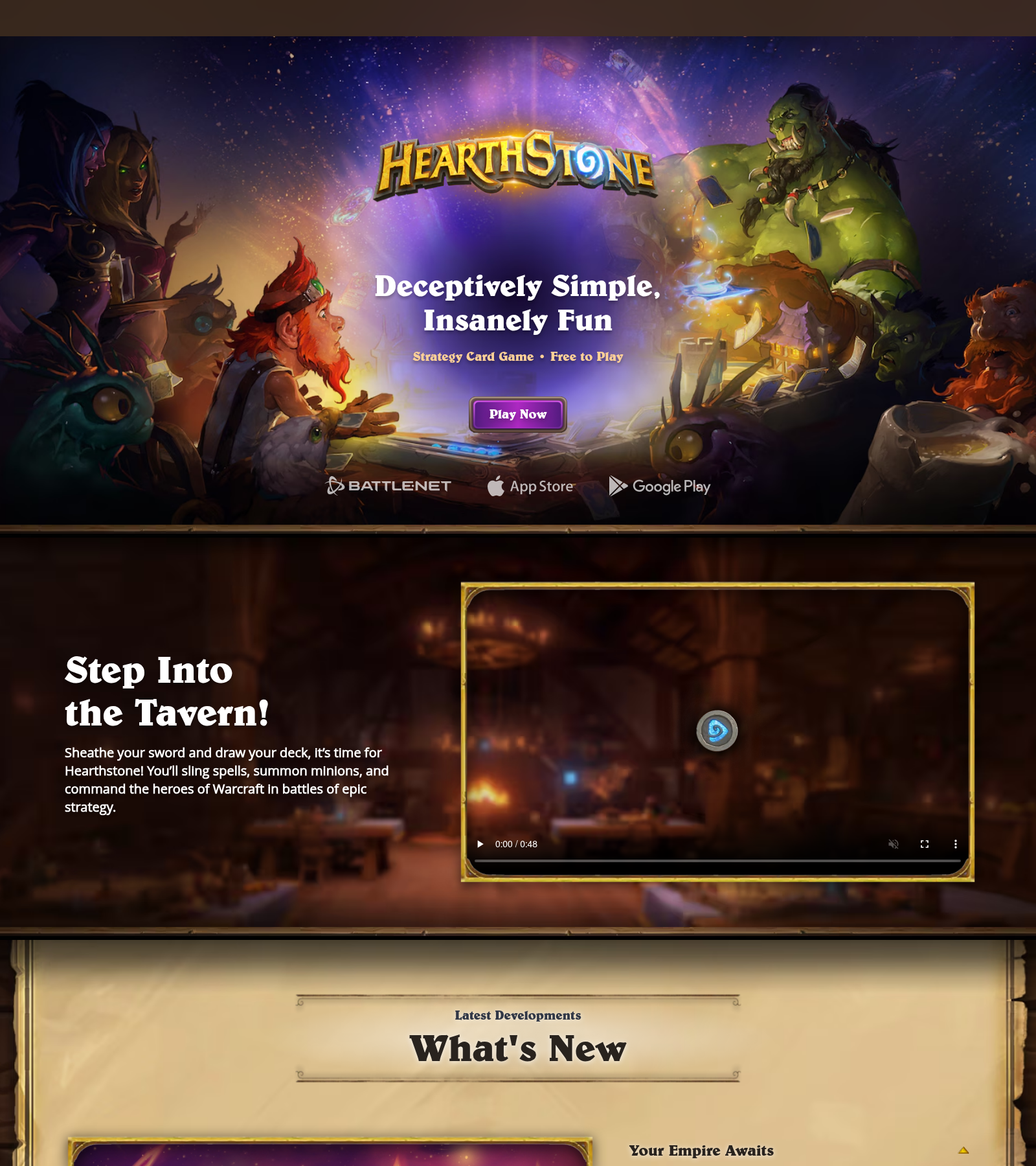 Page d'accueil du site officiel de Hearthstone avec son key art et les actualités de la BlizzCon datées de septembre 2026.