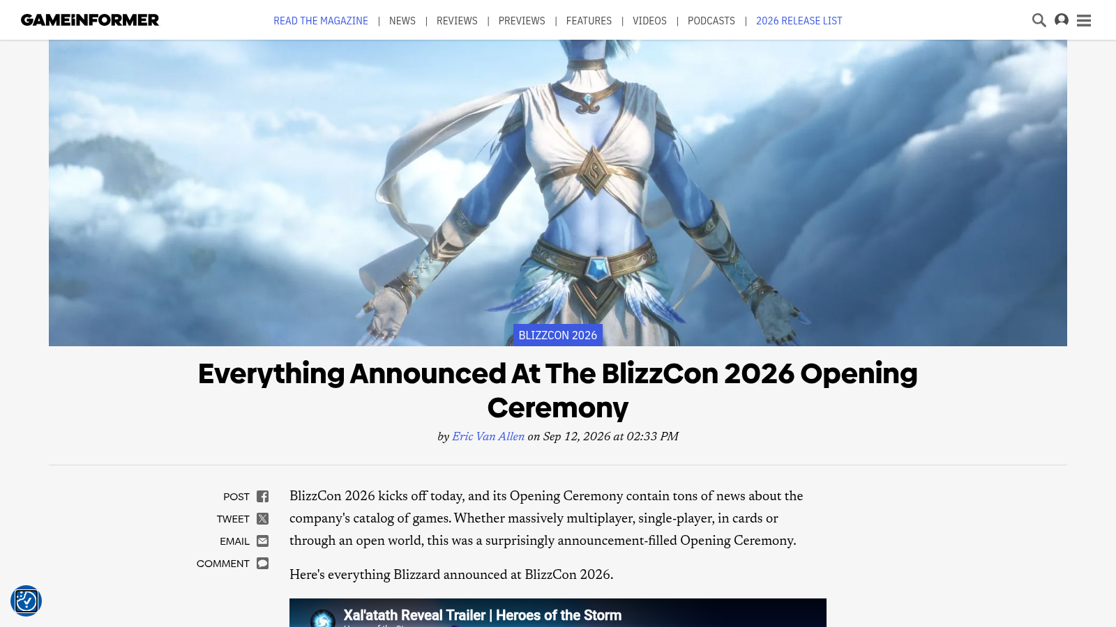 Article Game Informer « Everything Announced At The BlizzCon 2026 Opening Ceremony » par Eric Van Allen, 12 septembre 2026, illustré par le key art d'une héroïne de Heroes of the Storm dans les nuages.