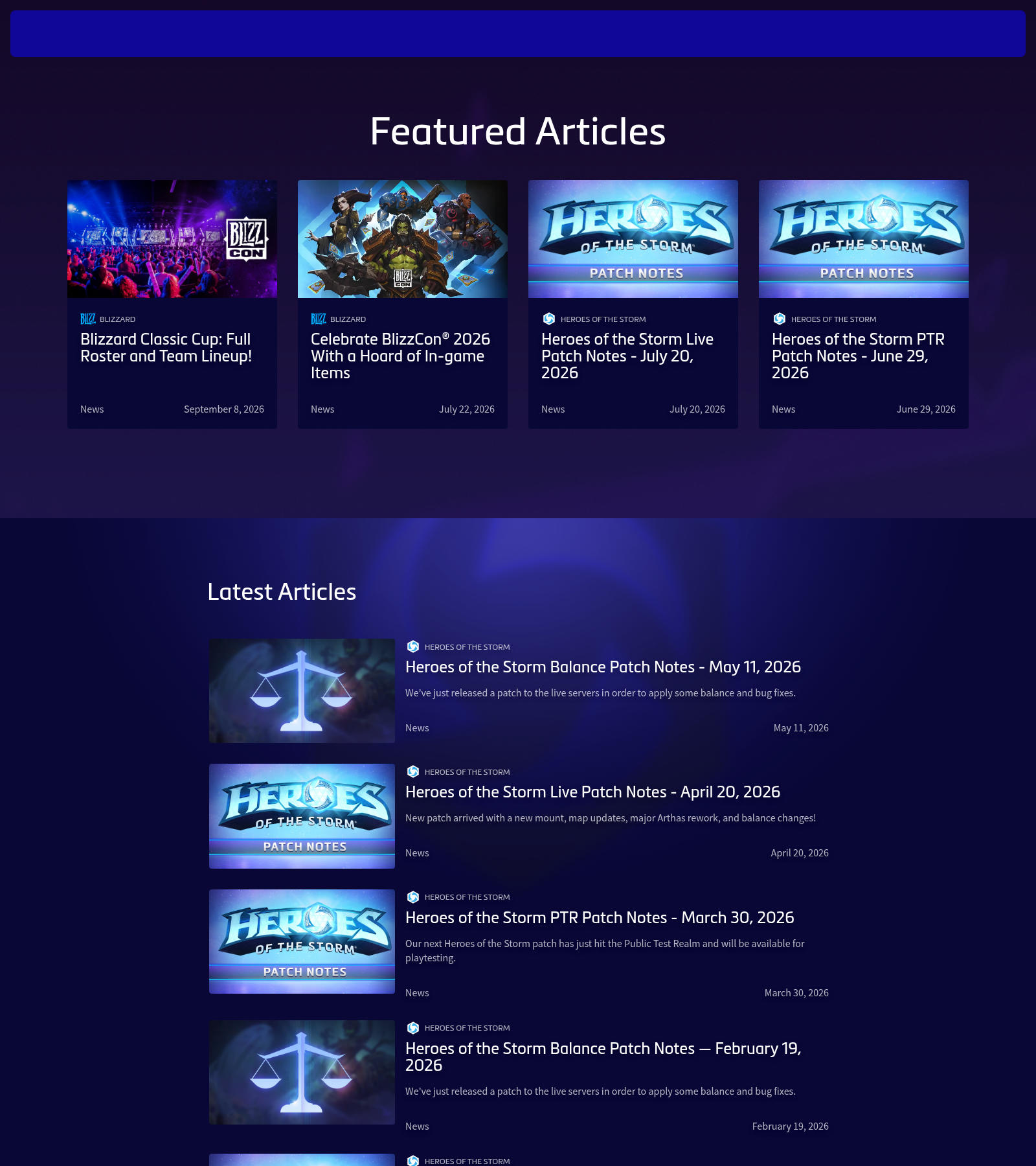 Bloc « Featured Articles » du site d'actualités Heroes of the Storm de Blizzard, avec l'actualité de la BlizzCon en tête.
