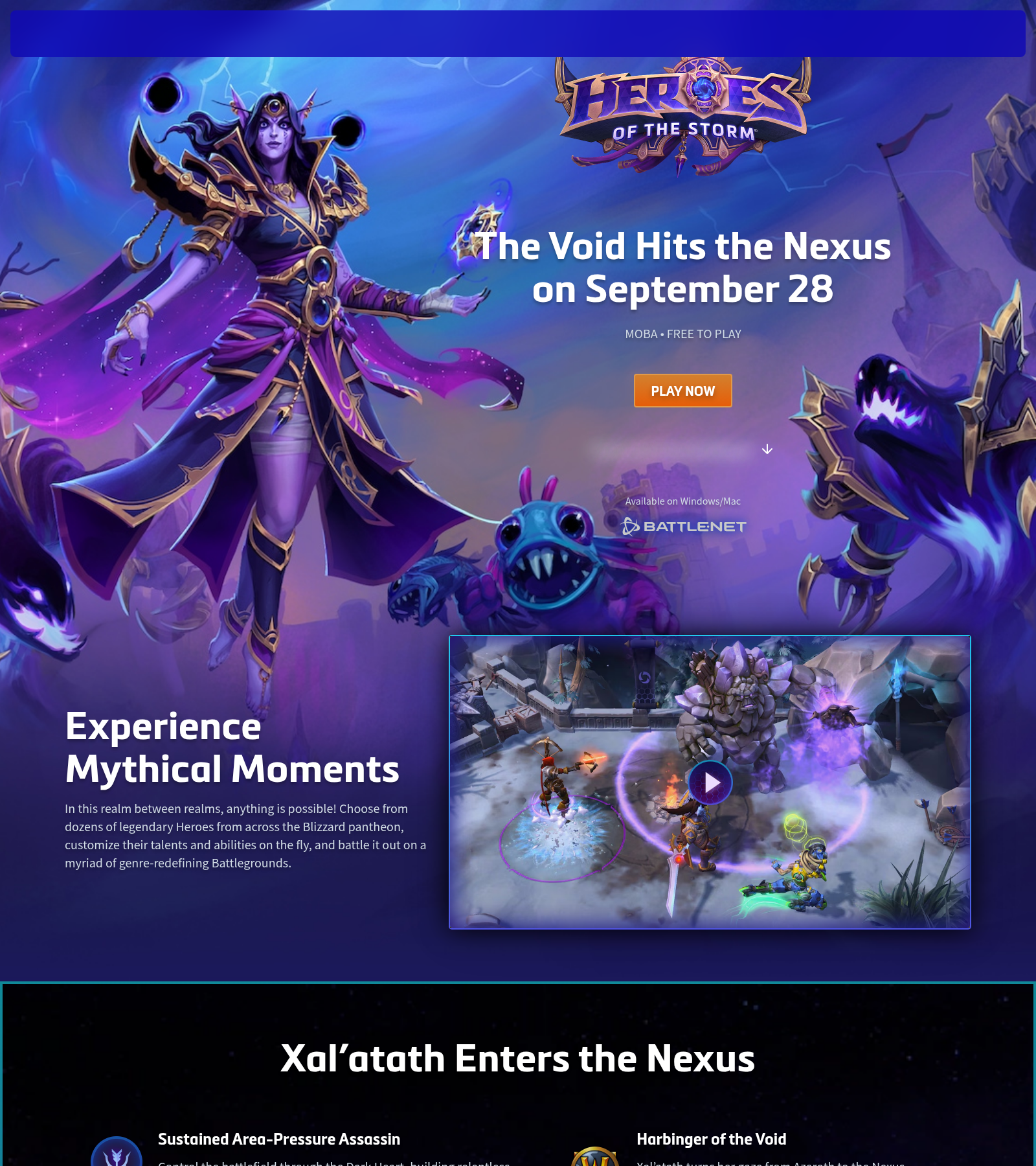 Page d'accueil du site officiel de Heroes of the Storm avec son key art et son actualité datée de septembre 2026.