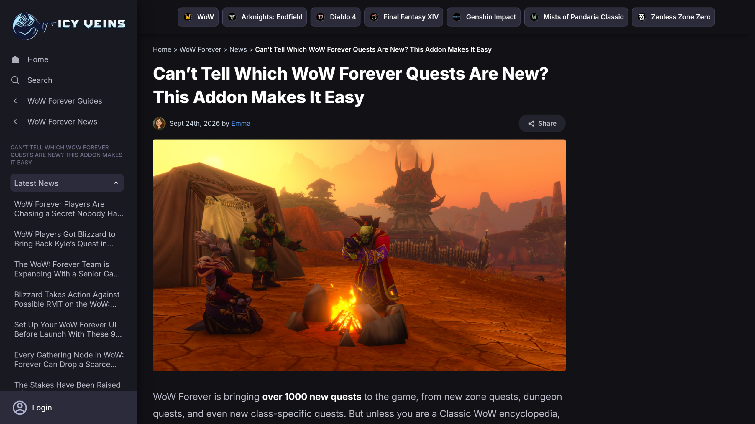 Capture de l'article d'Icy Veins du 24 septembre 2026, signé Emma, présentant l'addon Forever Quest Tint qui teinte en bleu-vert les quêtes inédites de WoW Forever