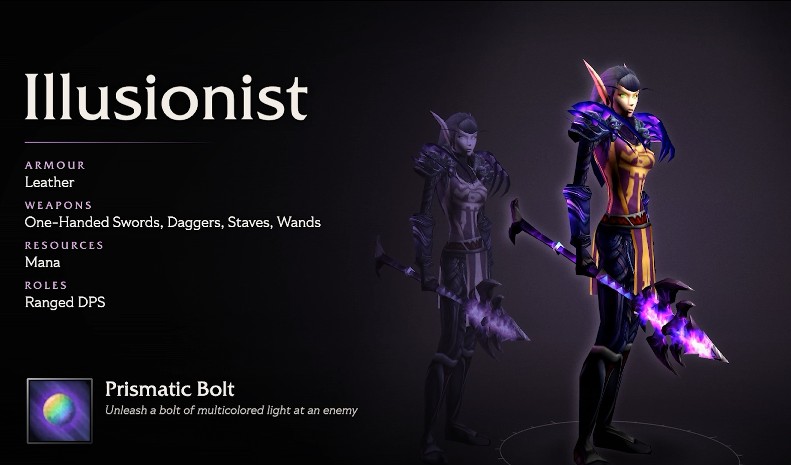Visuel sombre présentant l'Illusionniste : à gauche armure, armes, ressource et rôle, à droite une elfe de la nuit en armure de cuir violette et son image miroir translucide, avec le Trait prismatique en bas