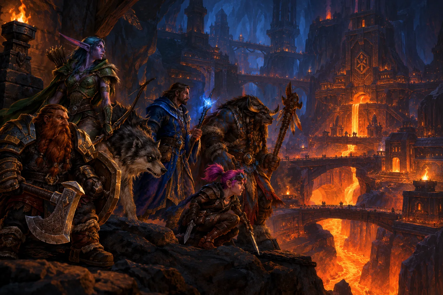 Illustration d'un groupe d'aventuriers explorant une vaste cité naine souterraine aux murailles de roche noire, éclairée par des coulées de lave.